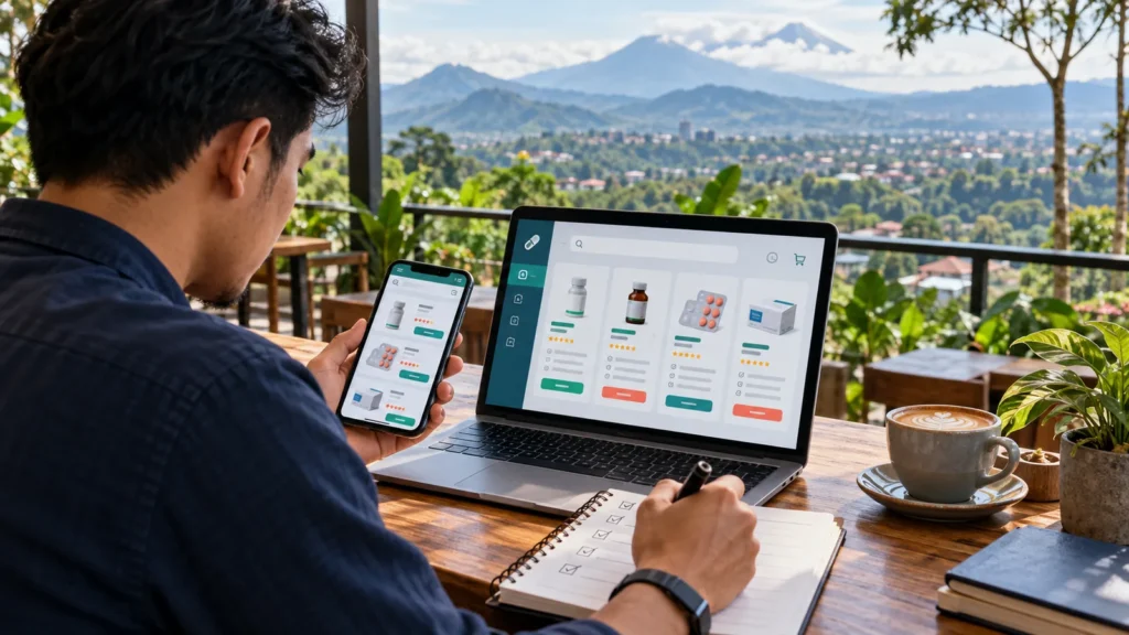 Ilustrasi memeriksa daftar apotek online dan lokasi di Malang